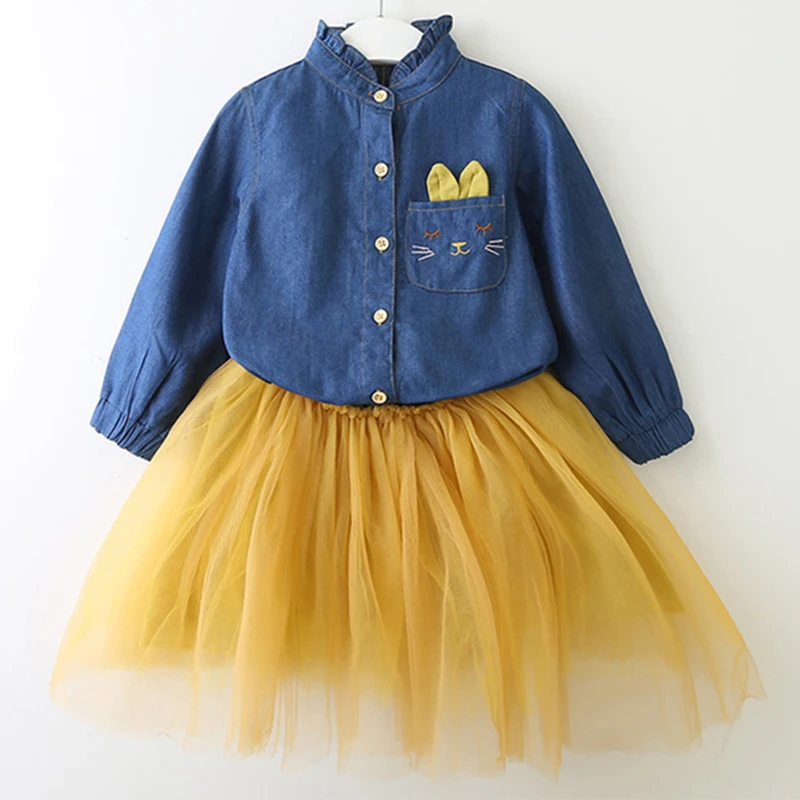 yellow az1778 Bear leader/платье для девочек г. Новая Осенняя модная Стильная джинсовая футболка с героями мультфильмов сетчатая юбка костюмы для девочек из 2 предметов одежда для детей - Цвет: yellow az1778