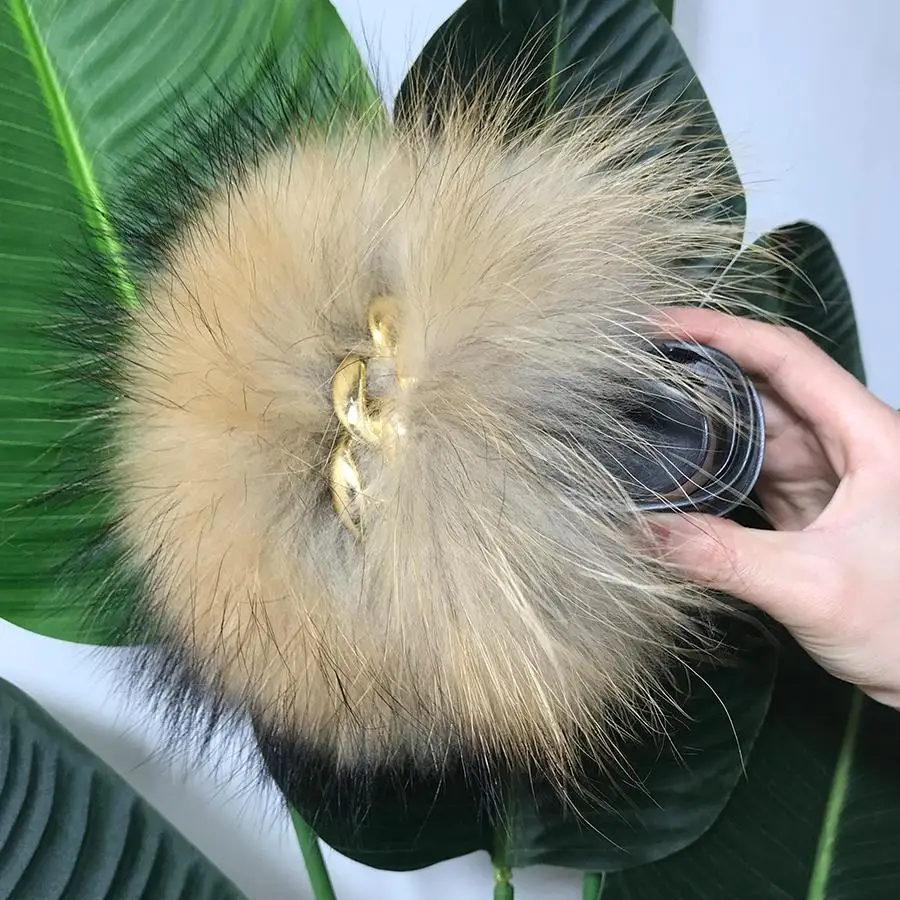 

Big Fox Fur Slippers Women Sandals 2021 New Fashion Slides Comfort Flat Flip Flops Fluffy Anti-Slippery Slippers