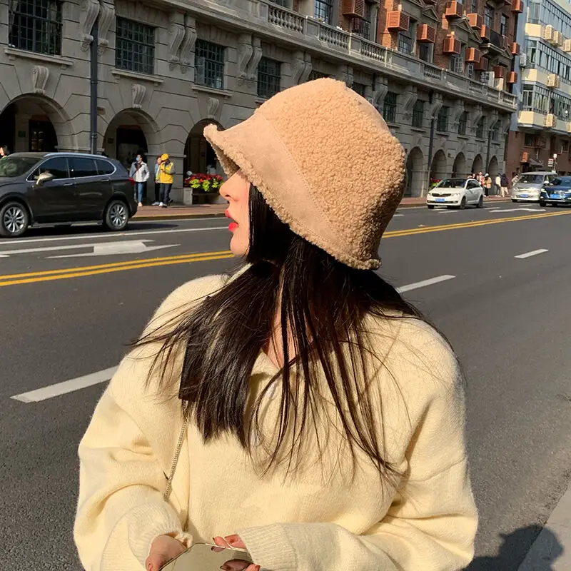 

Lamb Wool Women's Korean Warm Plush Bucket Hat Autumn and Winter Thickening Fashion All-Match Internet Celebrity