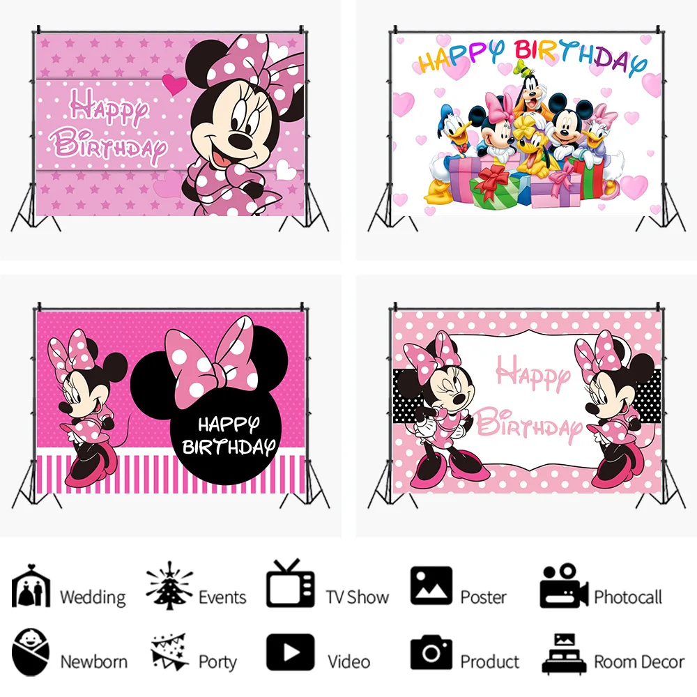 

Mickey Mouse Party Cartoon Vinyl CustomAchtergronden Minnie Mouse Achtergrond Muur Doek Baby Shower Birthday party Decoratie