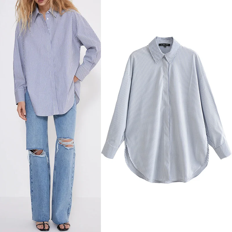 

WESAY JESI 2021 Spring Blouse Striped Single-breasted Long Sleeve Loose Top Fashion Temperament Retro Elegant Personalized Shirt