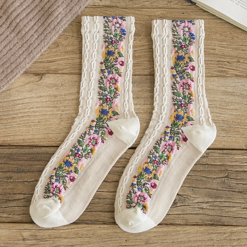 

Socks Women's Tube Socks Pure Cotton Ethnic Style Stockings Japanese Ins Tide Korea Retro Flower Women's Socks