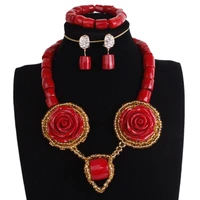 dudo 18 inches newest womens african wedding jewelry set red nature coral beads and flowers with gold beaded design for nigeria
