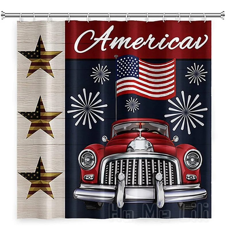 

Truck Shower Curtain Fourth Of July American Undependenace Day Wooden Background Celebrate Decortaions For Bathroom With Hooks