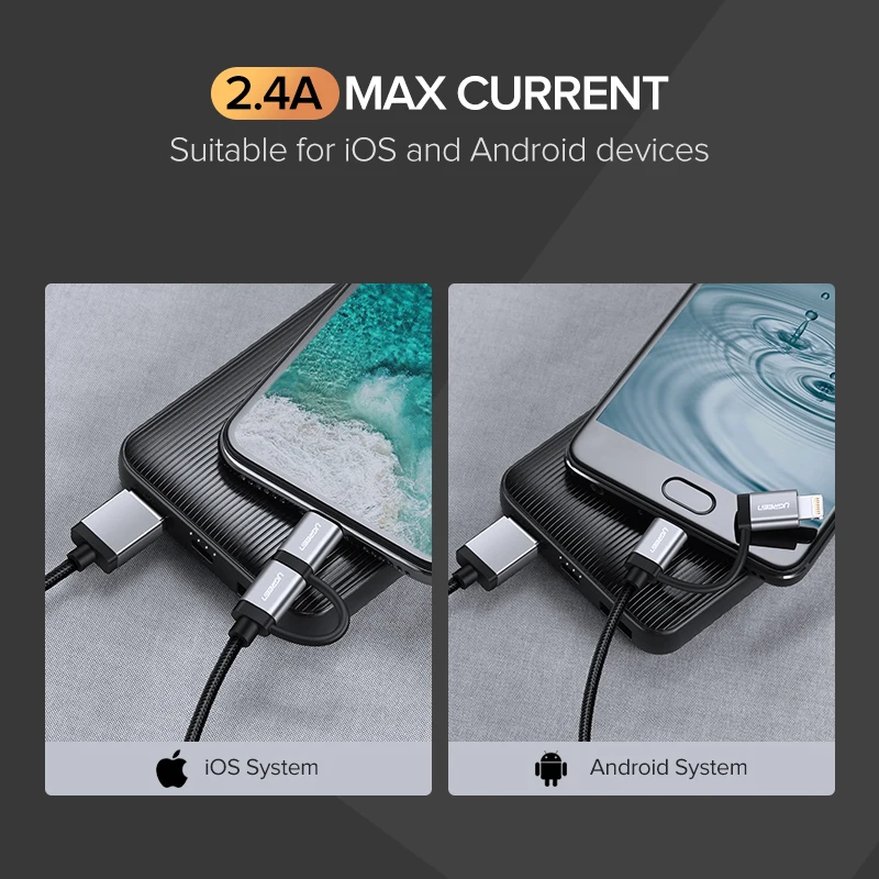 Ugreen 2 в 1 USB кабель для iPhone Pro 11 Max X 8 7 Быстрая зарядка Lightning + Micro samsung Xiaomi huawei