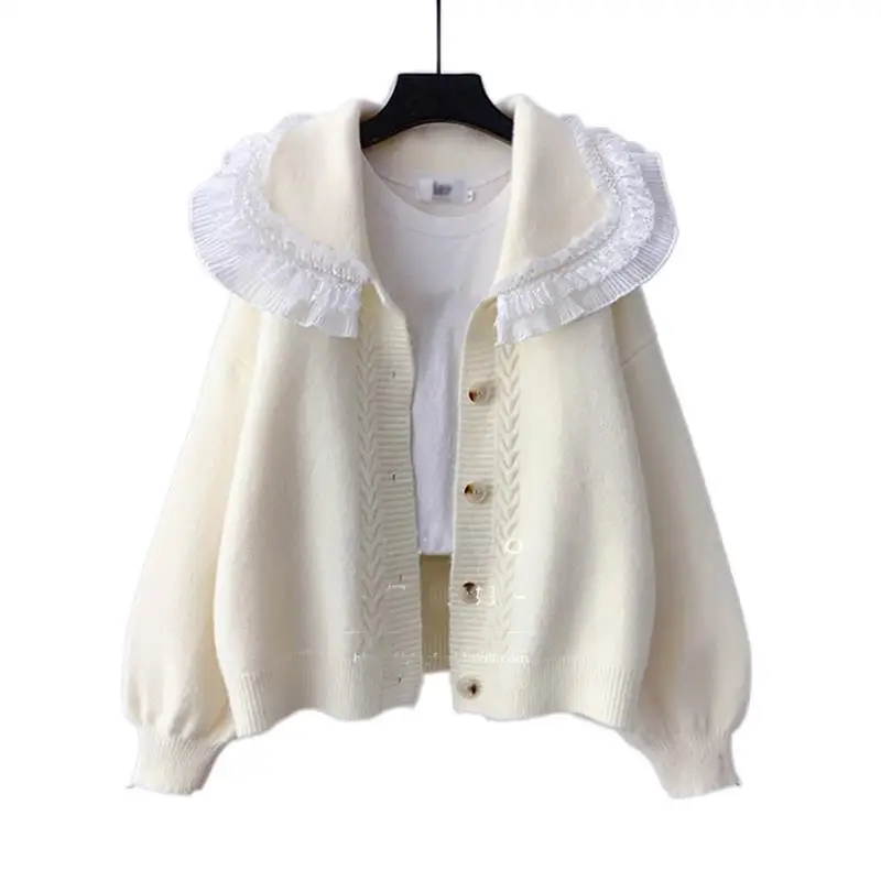 

Женский вязаный кардиган на осень и зиму, кружевной свитер с отложным воротником, Женская куртка, элегантный Свободный кардиган для дам, Жен...