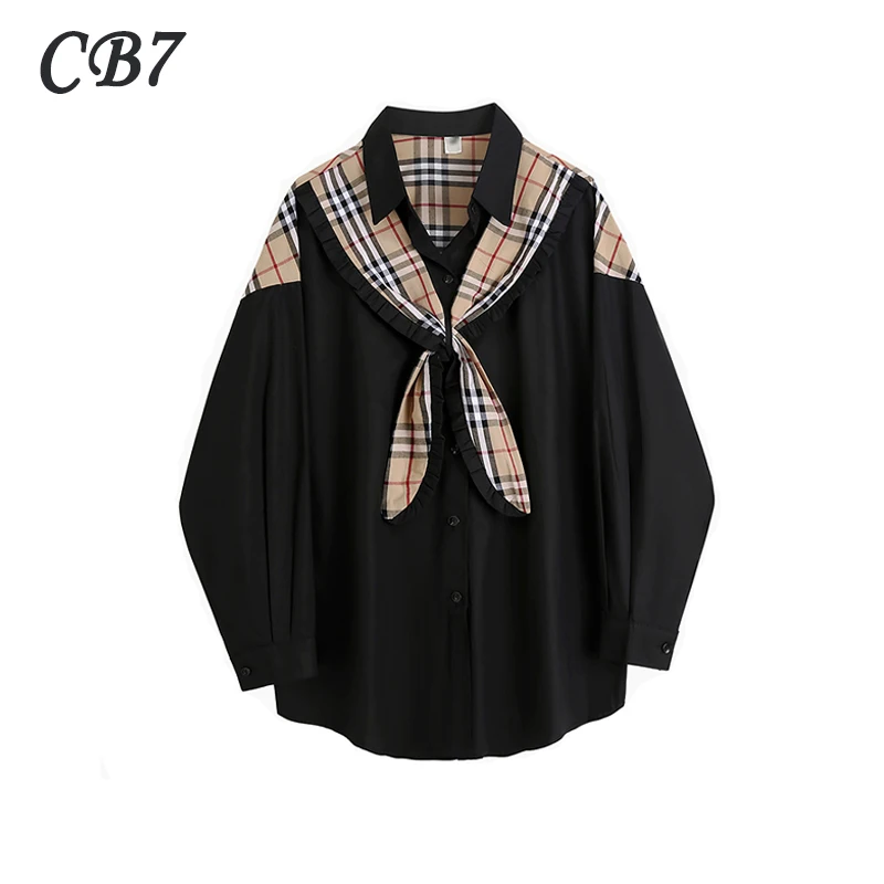 

Рубашка женская с длинным рукавом, свободная блузка в Корейском стиле преппи с имитацией двух нитей, модный шикарный топ в клетку