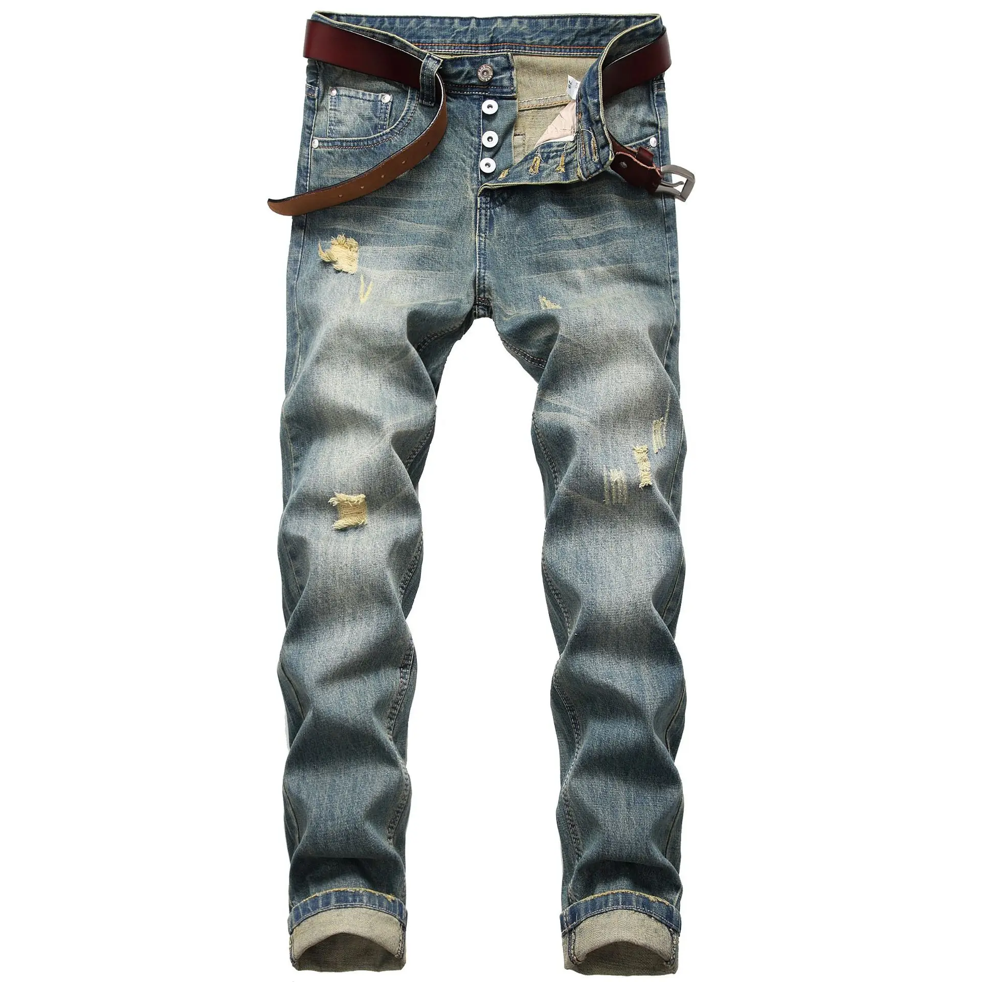 

Autumn and Winter Men's Nostalgic Distressed Jeans Slim Fit Button Fly Straight Denim Trousers Casual Male Stretch Cowboys Pants