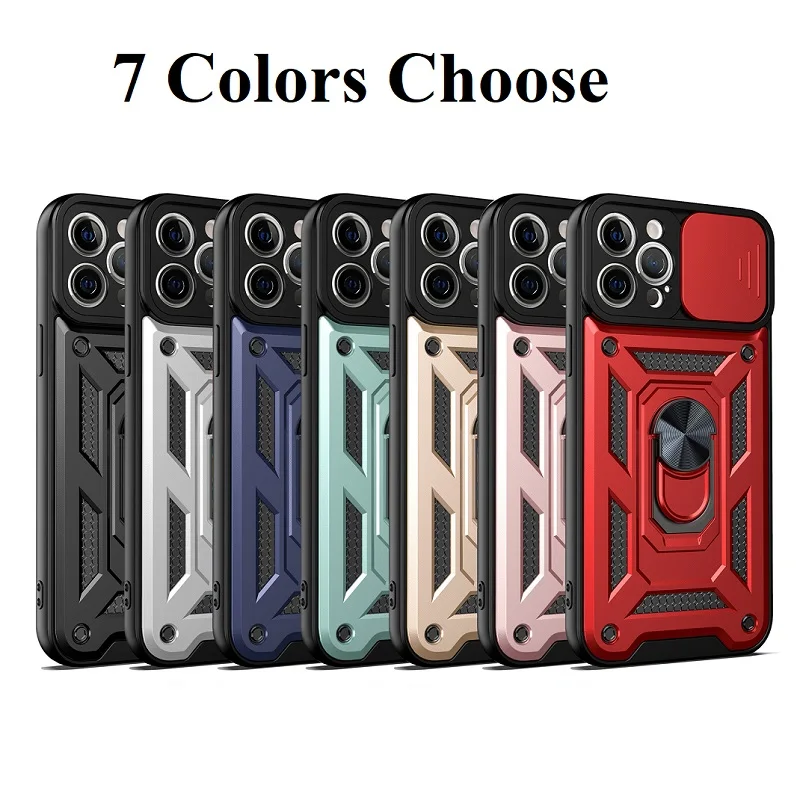 

For iPhone 13 12 11 Pro Max Push Window Phone Case Shockproof Anti-fall Armor Protection Cover With Metal Ring Magnetic Bracket