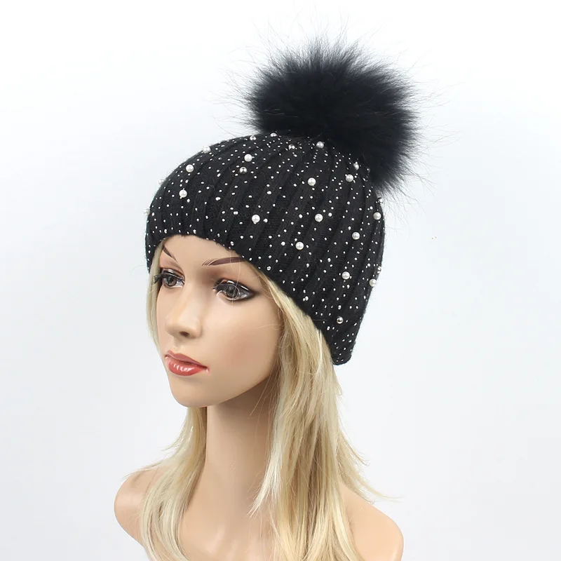 Женские шерстяные шапочки с помпоном из натурального меха Модная вязаная шапка