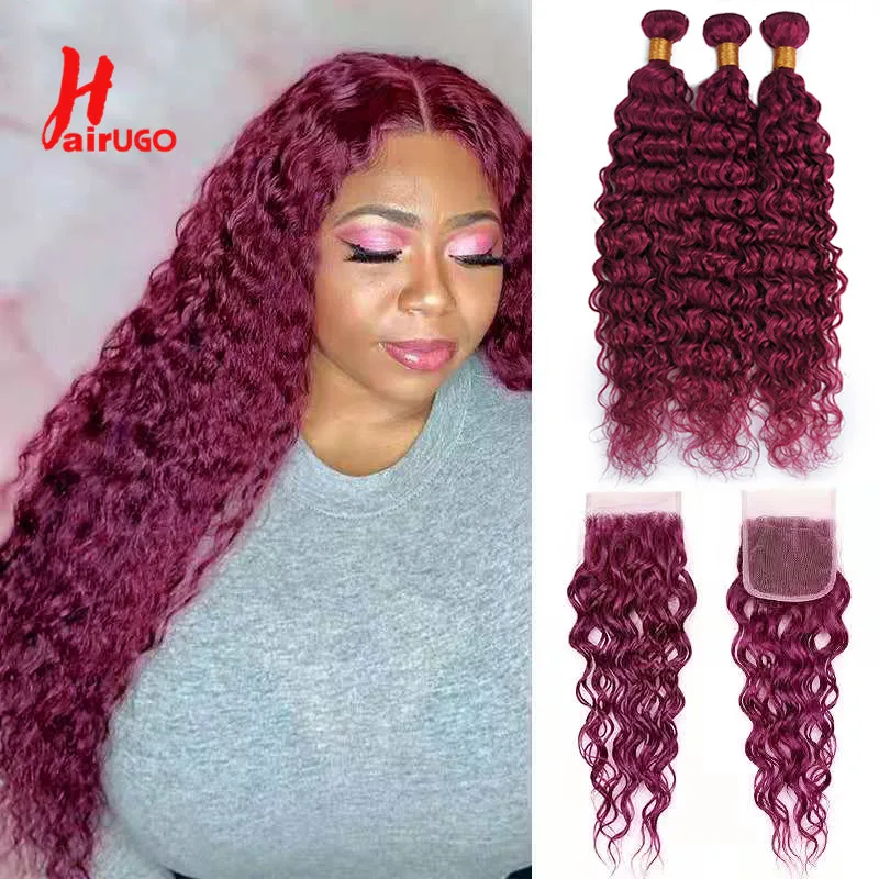 HairUGo Brazilian BUG Water Wave Bundles With Closure Burgundy Ombre Human Hair Closure With Bundles Remy Pre-Colored Hair Weave