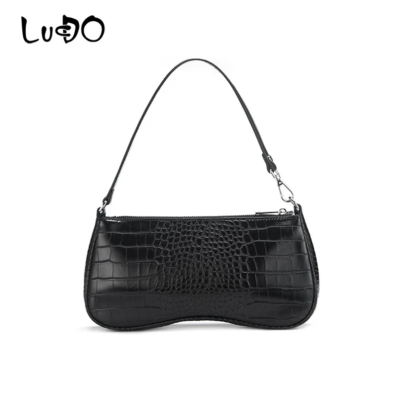 

LUCDO Retro Crocodile Retro Women Leather Baguette Bags Female Shoulder Handbags Ladies Leather Saddle Bag Purses Totes
