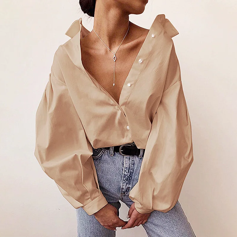 

Elegant Women's Shirt Lantern Sleeve Sexy Button Vintage Blouse Turn Down Collar Office Ladies Shirt Female Casual Tops Shirts