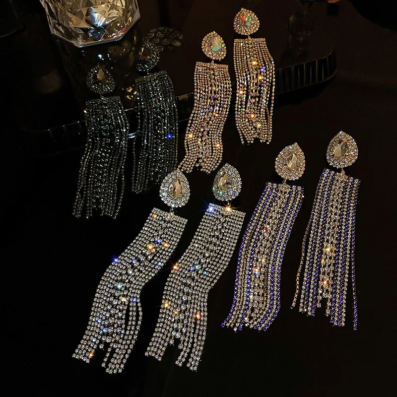 

New Luxury S925 Silver Full Diamond Long Tassel Studded Earrings For Women Party Nightclub Dating Fashion Jewelry Wholesale