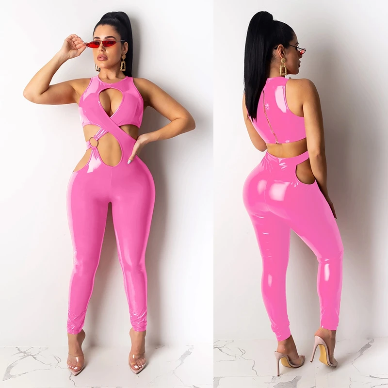 Сексуальный полый комбинезон женский черный из искусственной кожи Облегающий на