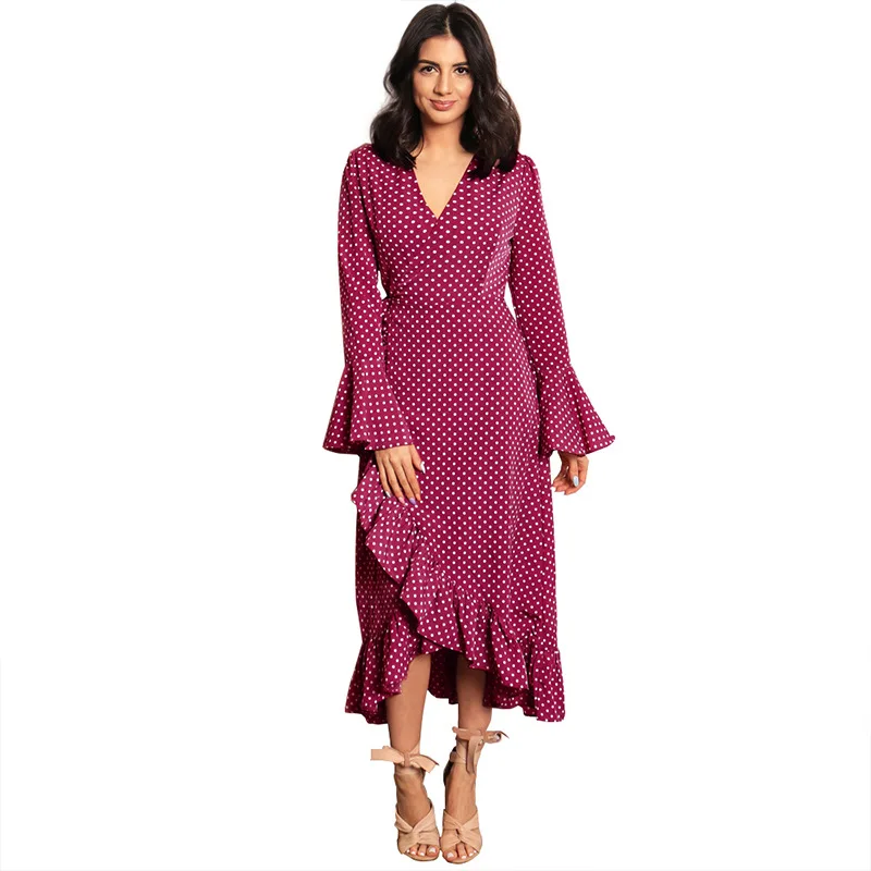 Женское платье в горошек с длинным рукавом оборками 2019 новое модное зимнее