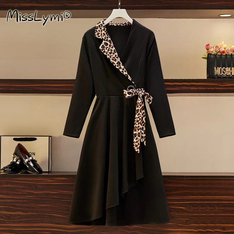 5XL женское элегантное черное платье Осеннее свободное с V-образным вырезом и