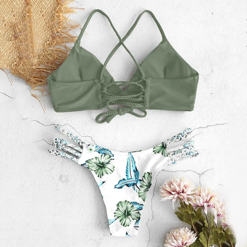 Женский купальный бикини с принтом комплект завышенной талией купальник пуш-ап