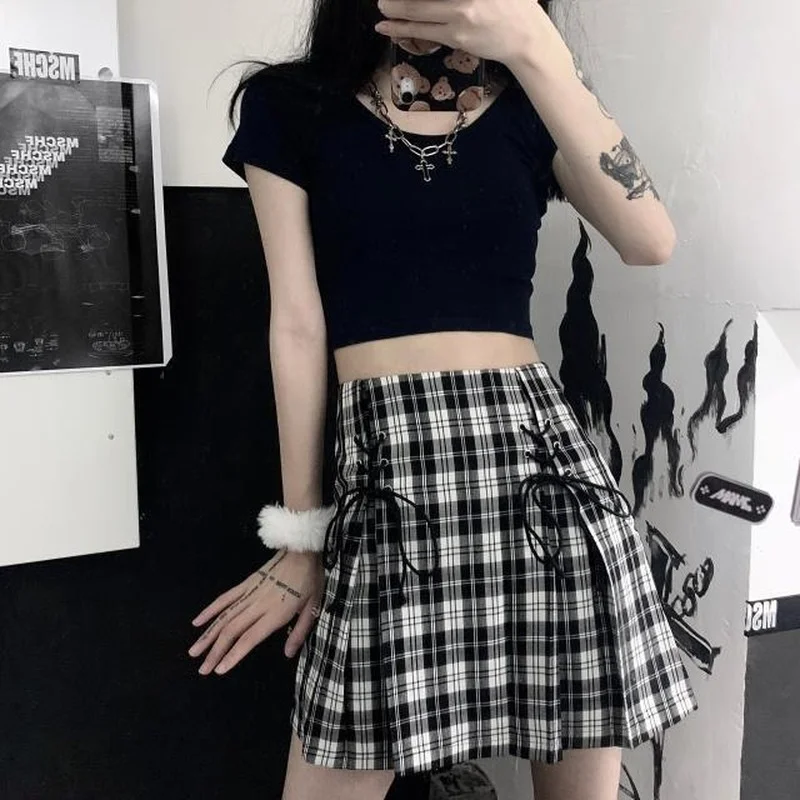 

HOUZHOU Gothic Plaid Skirt Women Mall Goth Grunge Black Lace-up High Waist Mini Skirts Summer Japanese Harajuku Punk Streetwear