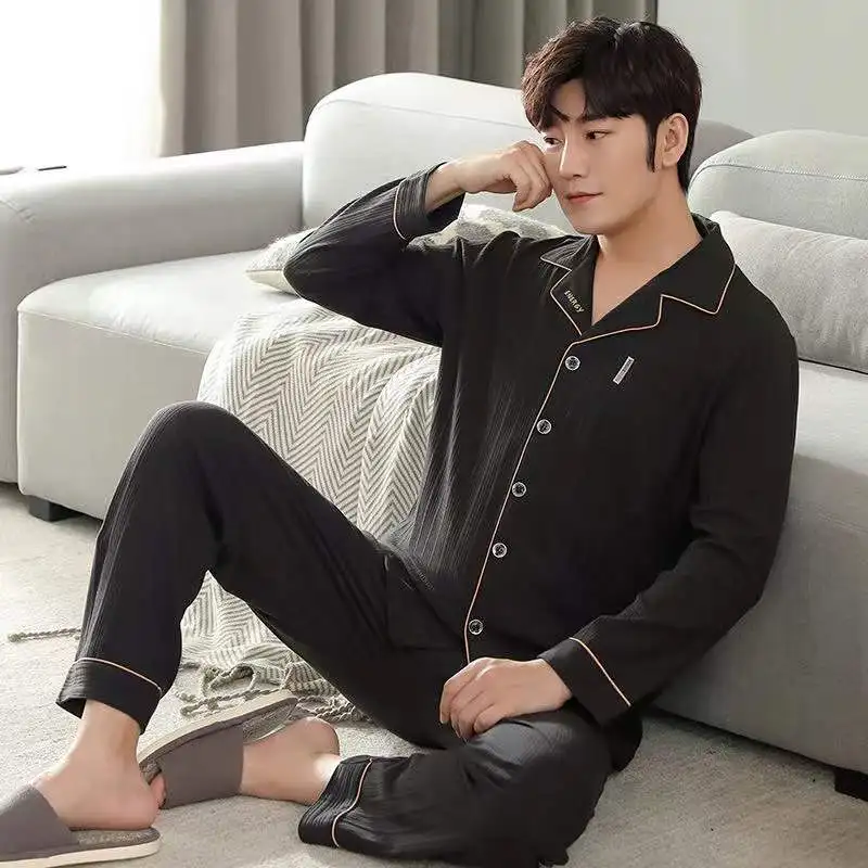 100% Cotton Pijama For Men Turn-Down Collar Spring Autumn Lounge Sleepwear Pyjamas 2-Piece Set Home Clothes Male Homewear