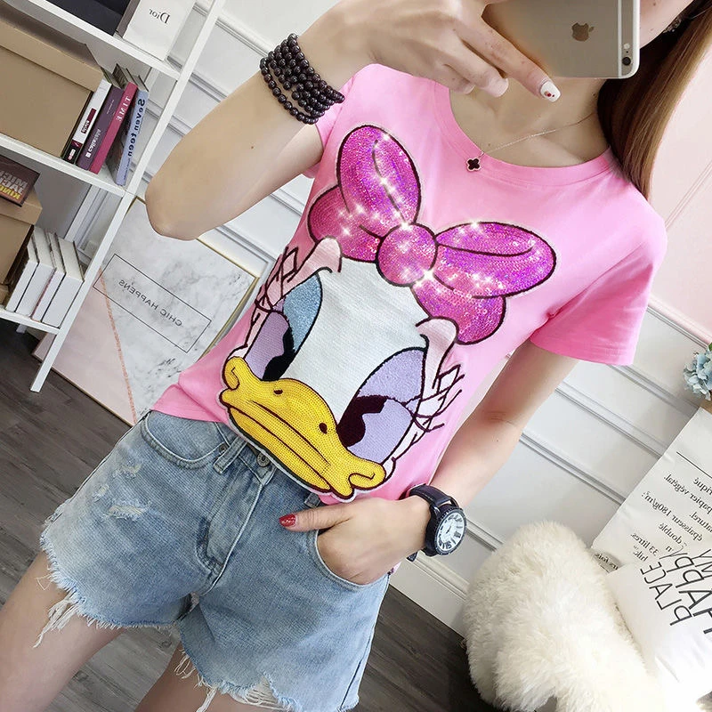 

T-shirt Female Daisy Duck Cartoon T-shirts with Short Sleeve Print Casual Women's T-shirt O-neck Pullover Short-sleeved Top
