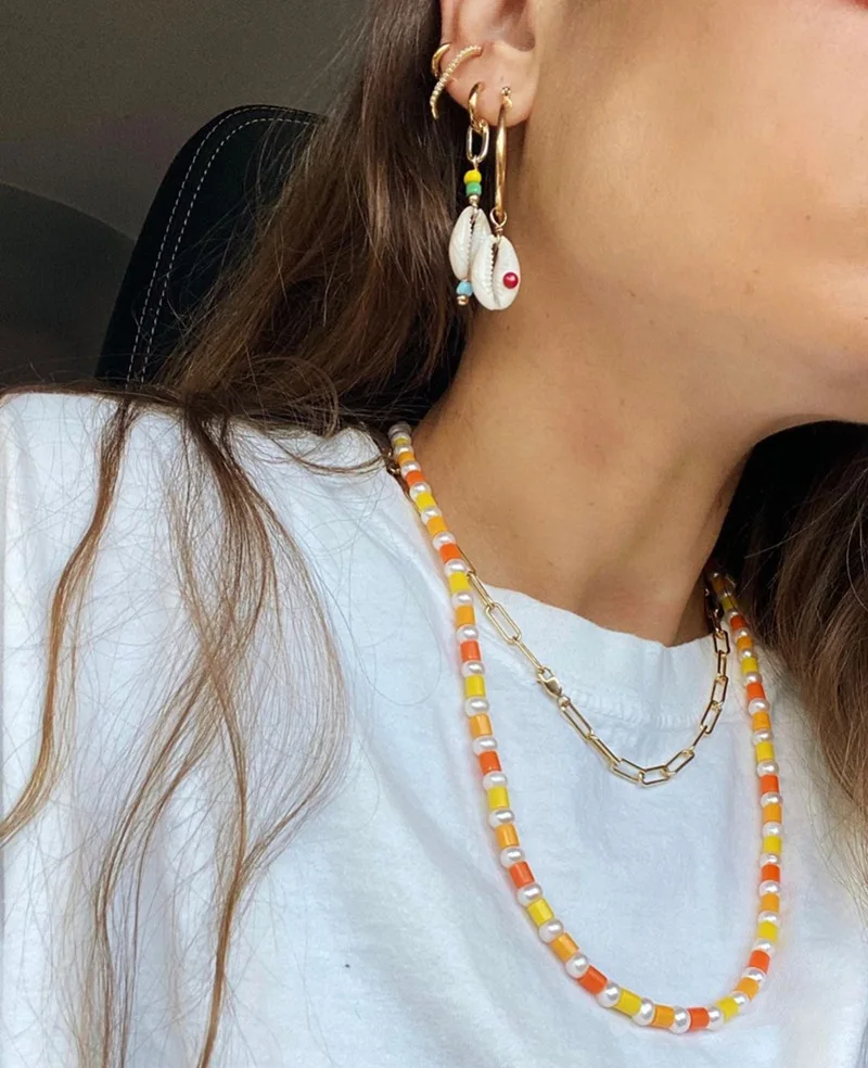 

ins Freshwater Pearl Necklace Handmade Colored Glass Bead Necklace Aesthetic Clavicle Chain 53CM
