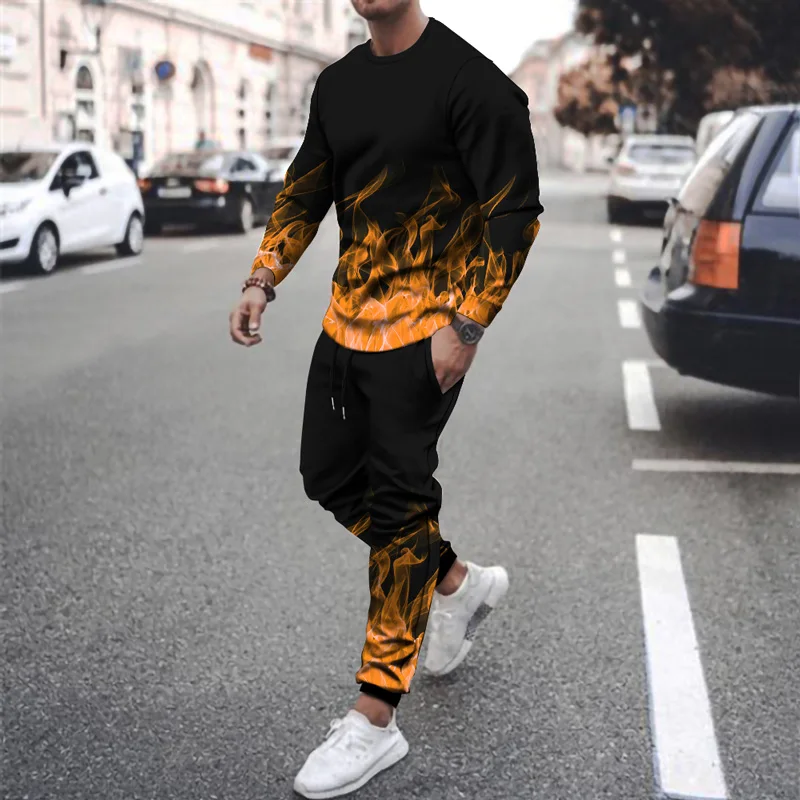 

2021 summer men's long-sleeved trousers two-piece sports 3D flame printing suit casual trousers suit men