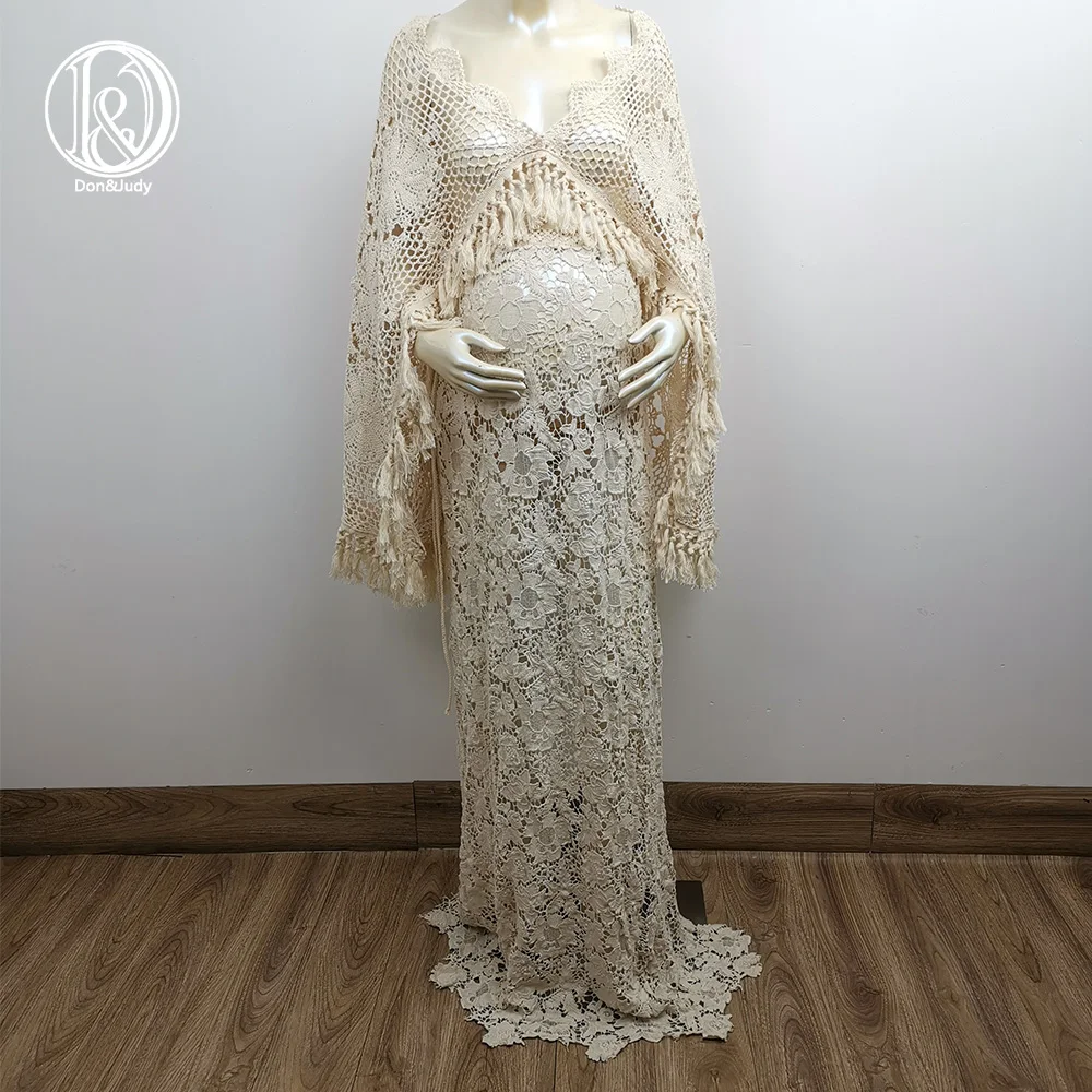 Don&Judy 2PCS/Set Cotton Crocheting Cape Tippet with Matched Skirt Retro Beige Dress Sexy V Neck Pregnancy Gown for Photo Shoot