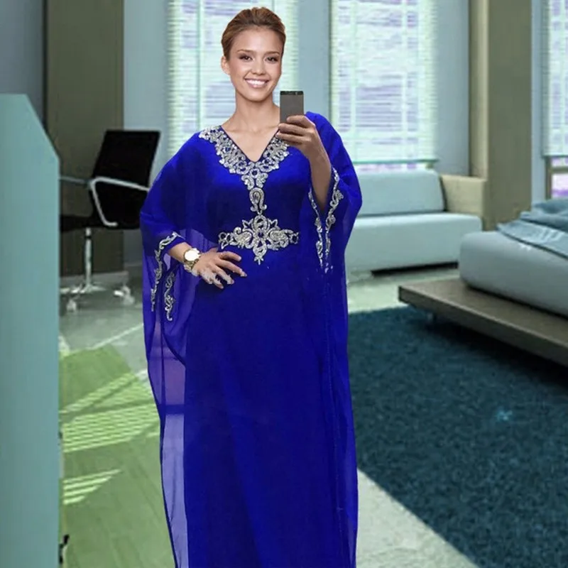 

2020 Royal Blue Dubai Long robe de soiree Muslim Evening gown Kaftan Chiffon Beaded Arabic Formal mother of the bride dresses