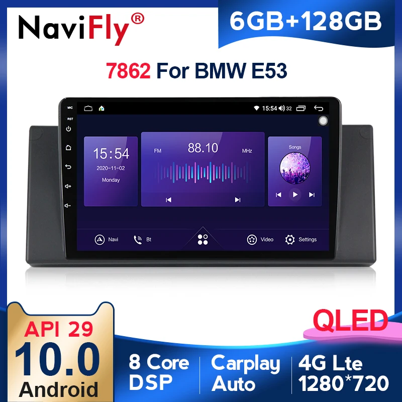 

NaviFly 6GB+128GB 8 Core QLED 1280*720 Carplay 4G LTE Android 10.0 Car Navigation GPS Radio Player For BMW E39 M5 1999-2003