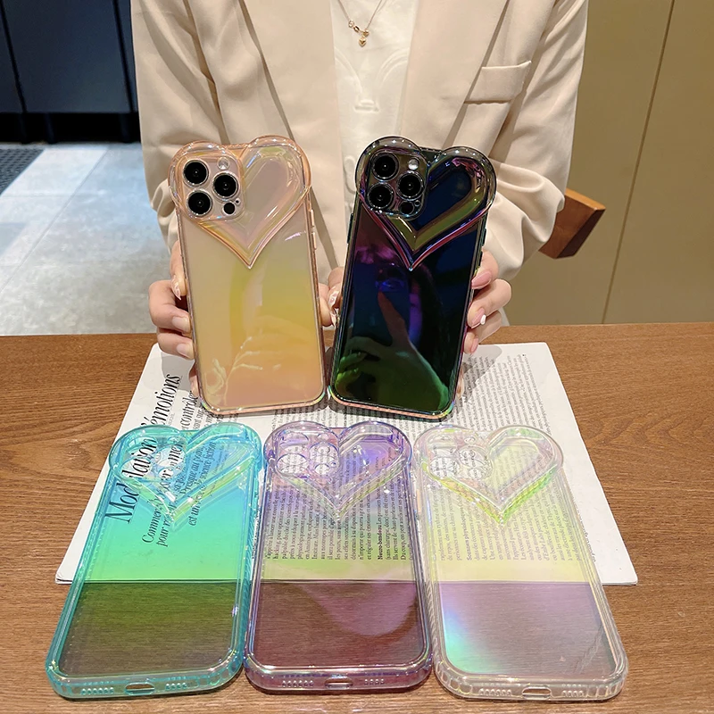 Яркий чехол для телефона INS Style Laser Love Heart iPhone 13 Pro Max 11 12 XR XS 7 8 Plus X корейские мягкие
