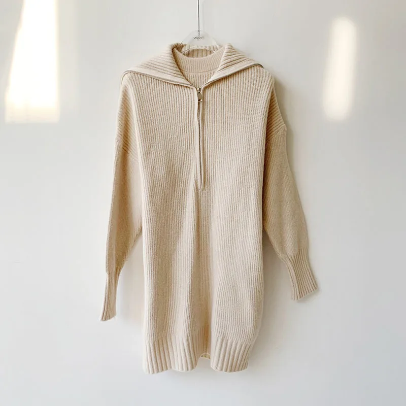 [EWQ] Spring 2022 Temperament Women New Solid Color Stand Neck Knitting Vests + Sailor Collar Zipper Design Sweater Dress 6R1347 |