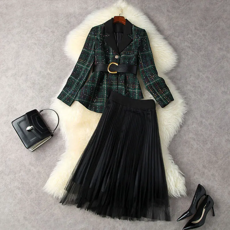 

Suits With Skirt Women's Cloting Set 2021 Autumn Winter Sequined Plaid Tweed Irregular Slim Belted Jacket + Pleated Mesh Skirt