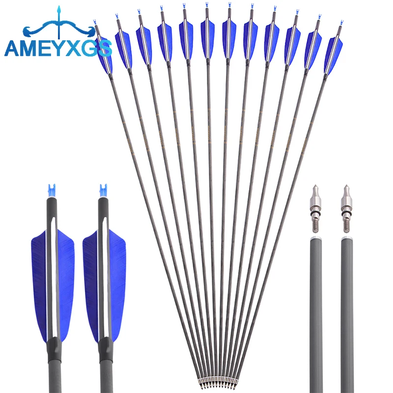 

Стрелы из чистого углеродного волокна с 4 натуральными перьями для охоты, 6/12 шт.