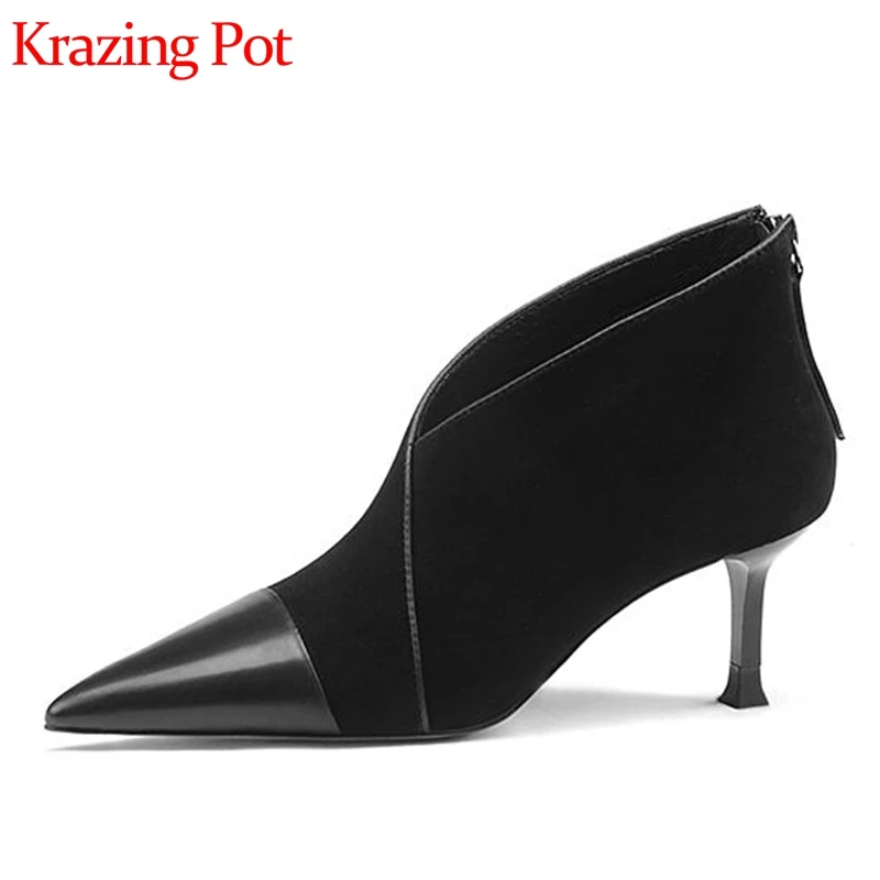

Krazing pot 2022 back zip spring and autumn cow leather young lady pointed toe European thin high heels dress women pumps l31
