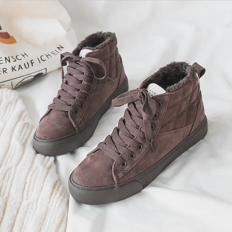 

Winter Shoes Women Short Plush Lined Solid Color Ankle High Women Booties Fur Lining Warm Sneakers Girls Lace Up 2019 New 35-40