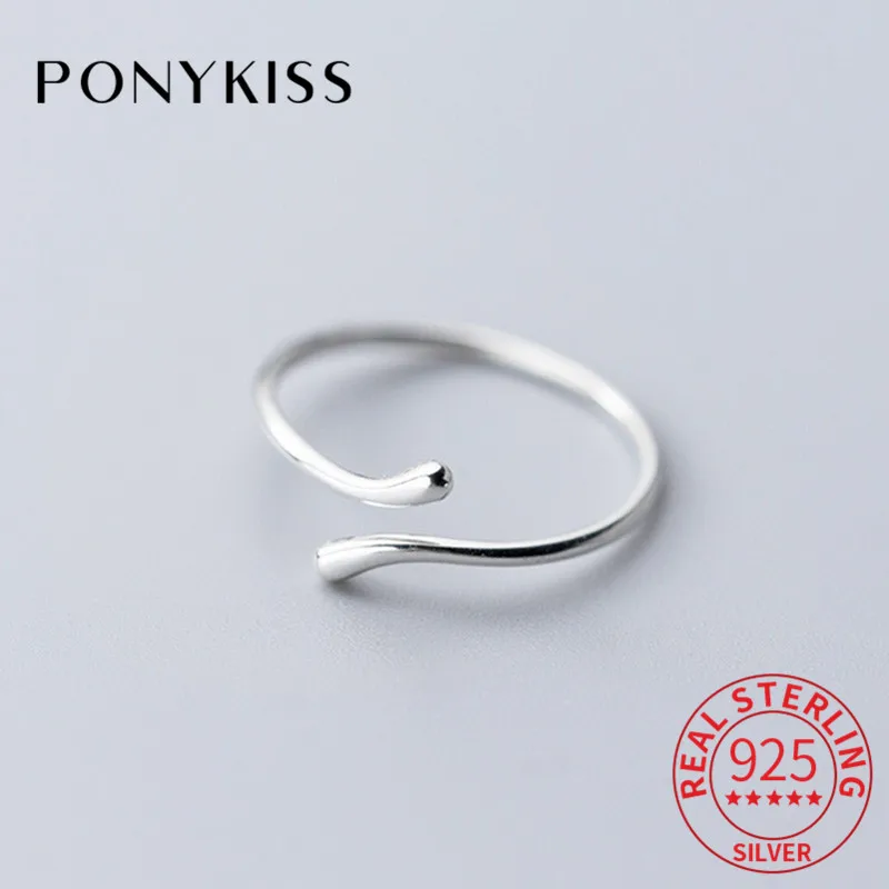 

PONYKISS 100% S925 Sterling Silver Glossy Lines Adjustable Opening Ring Women Fine Jewelry Accessory Girl Party Gift