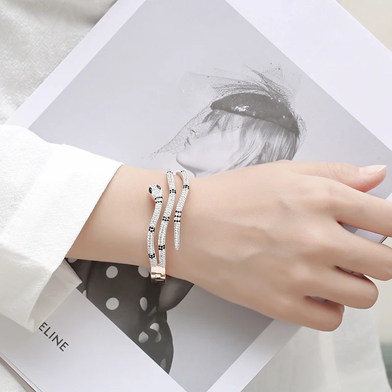 Женский браслет из нержавеющей стали 316 розового золота со стразами и змеиным