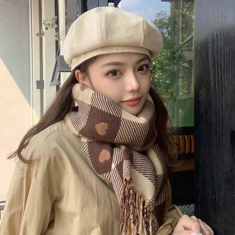 

Women Autumn Winter Love Lattice Cashmere Scarf Korean Tassel Color Matching Scarfs Shawl Warm Neck Scarf Bandana Scarves Ladies