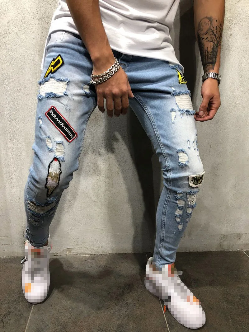 Mens Hip Hop Jeans Fashion Embroidery Print Skinny Destroyed Denim Pencil Pants Men Casual Slim Ripped Jeans pantalones