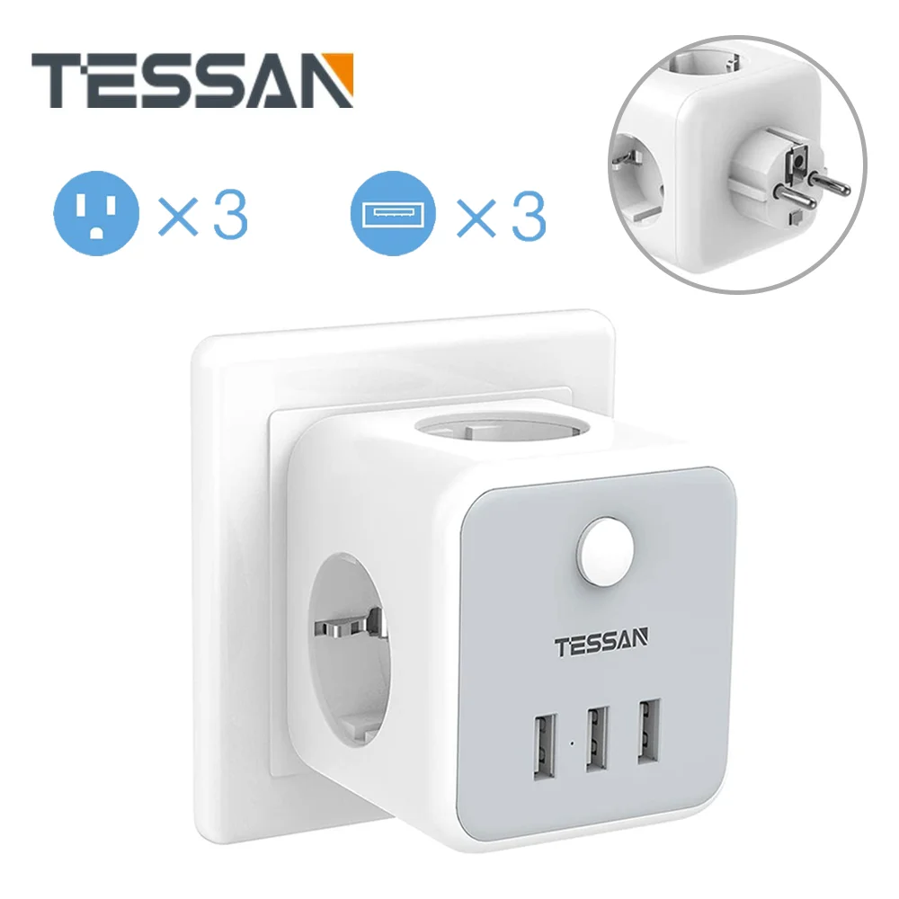 Сетевая розетка TESSAN с 3 розетками USB-порта 100-250 В |