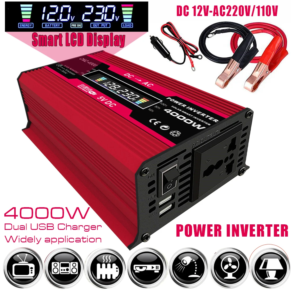 4000W Мощность инвертор модифицированная ЖК монитор Синусоидальная волна Дисплей DC 12V к переменному току 220V 110V
