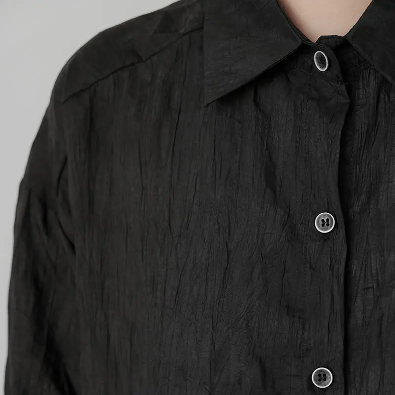 

XITAO Solid Black Casual Women Shirt Loose Turn-down Collar Simplicity Fashion All-match Top 2021 Summer New Long Sleeve WMD1223