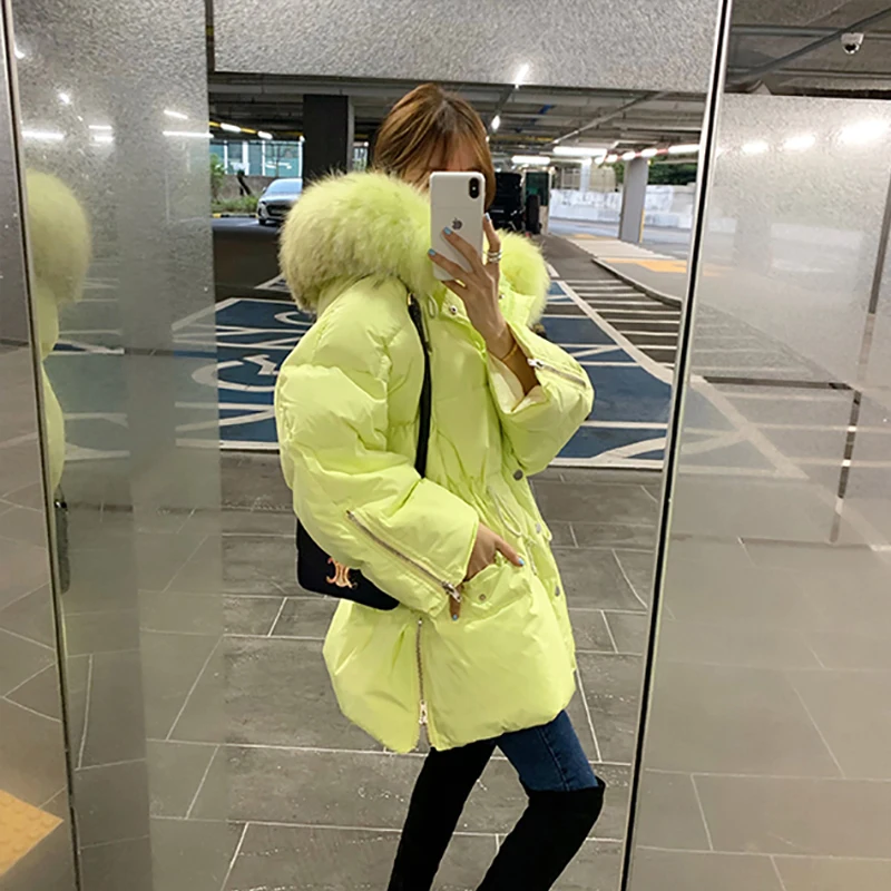 Куртка Janveny женская с большим капюшоном из натурального меха енота пуховик в