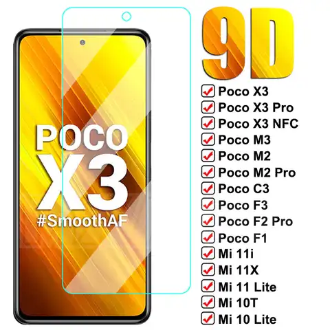 Закаленное стекло 9D для Xiaomi Poco X3 NFC X2 M3 M2 C3 F2 Pro F3, защитная пленка Mi 10 10T 11 Lite 11X Pro 10i 11i Mix 2 3, стекло