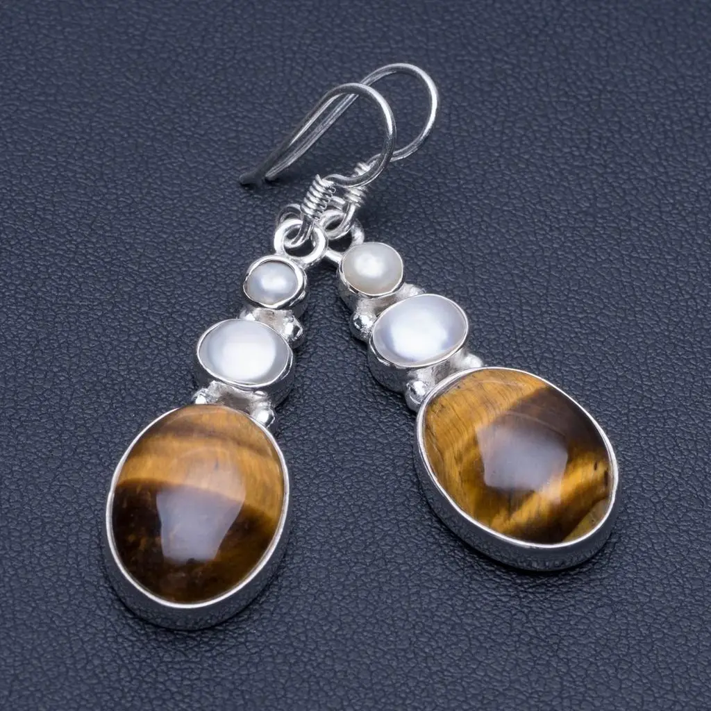 Серьги из серебра с натуральным тигровым глазом и речным жемчугом уникальные