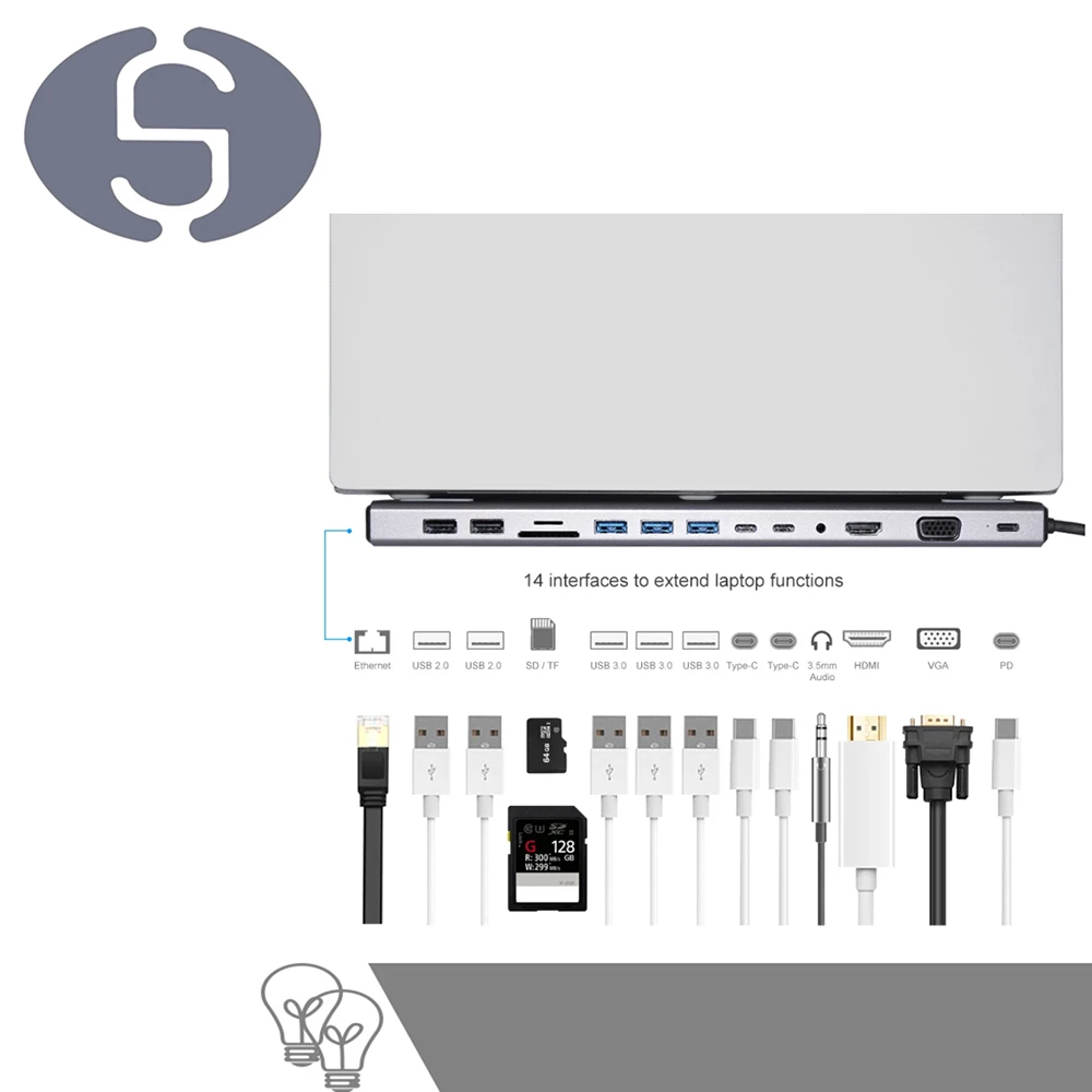 

14-In-1 Type C Hub USB C to HDMI VGA RJ45 USB 3.0 Ports SD/TF Card Reader USB-C Power Delivery for MacBook Pro With PD