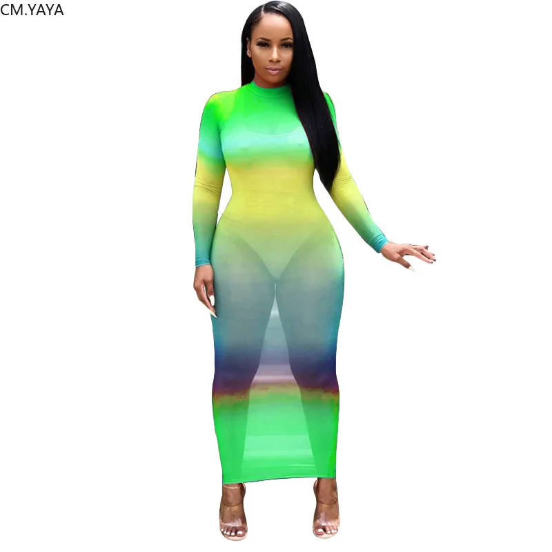 2019 women rainbow print o-neck full sleeve bodycon long maxi dress sexy gradient perspectivenight club party dresses GLK9506 | Женская