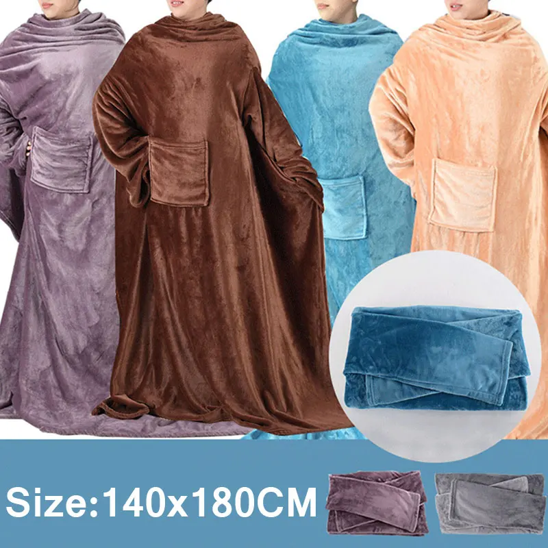 Winter Wearable TV Blanket with Sleeves Ultra Plush Fleece Bed Blanket Hoodie Grey Warm Flannel Blankets 140x180cm Pullover