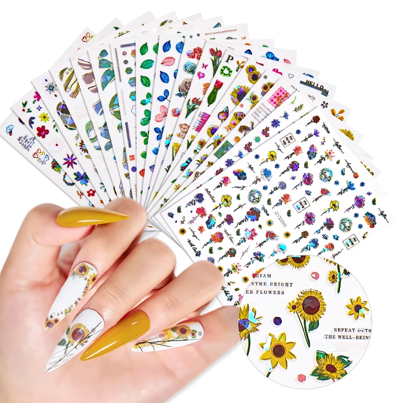 

Laser 3D Nail Stickers Fan Leaf Dried Flower Summer Sliders Nail Art Decorations Lucky Clover Fashion Foil Manicure